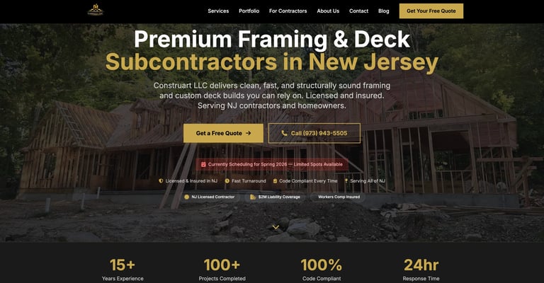 Website header for premium framing and deck subcontractors in New Jersey with house image background and contact options