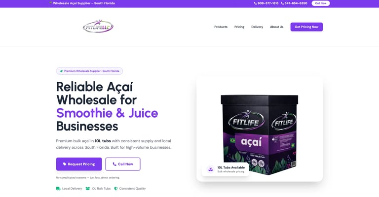 Acai wholesale supplier website showing purple acai boxes for smoothie and juice businesses with request pricing button