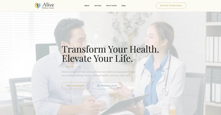 Doctor and patient consulting in medical office with tagline Transform Your Health, Elevate Your Life on Alive health website